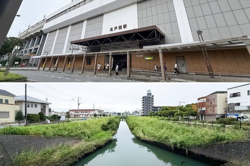 <b>上・</b>最寄りはJR埼京線「北戸田」駅（徒歩18分）。自転車を利用すれば、約4分とより身近に。／<b>下・</b>駅とマンションとの間には「笹目川」が流れ、水辺のゆったりとした空気感が漂います。