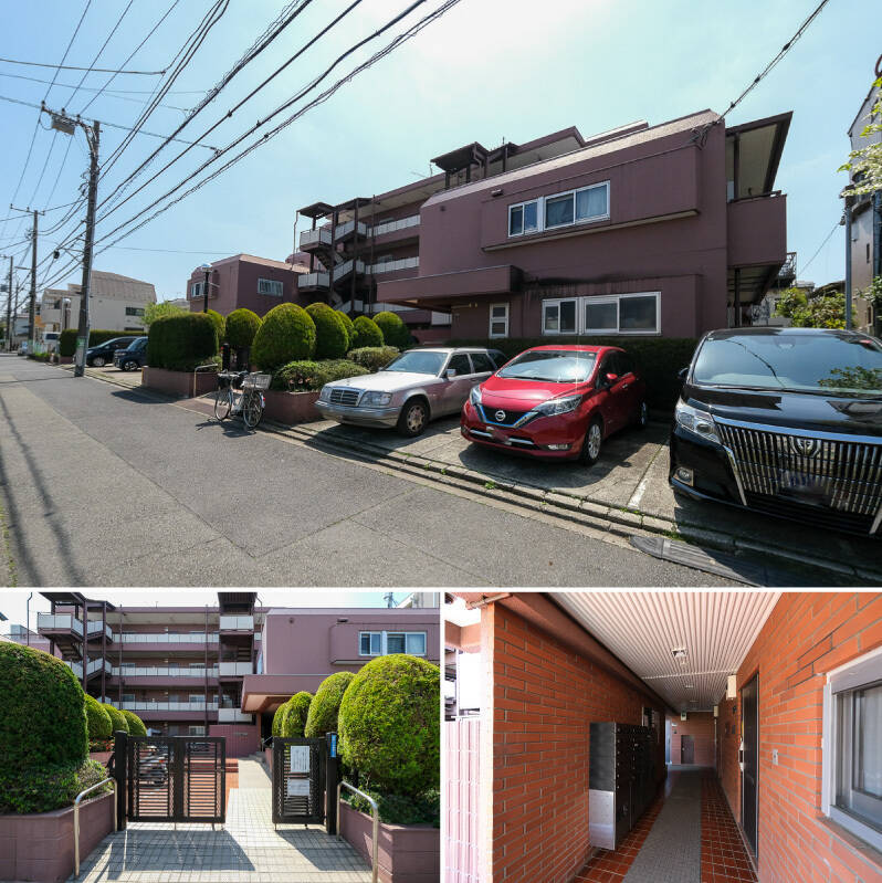 多摩川沿いの穏やかな住宅街に建つ、1980年築のマンション。あずき色の外観や共用部のタイル貼りからは、レトロな雰囲気を感じられます。2020年には<b>アルミサッシ改修工事</b>を実施済みです。