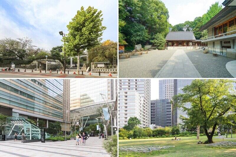 <b>左上・</b>物件の最寄りは東京メトロ千代田線「乃木坂」駅。（徒歩7分）／<b>右上・</b>周辺には意外と緑豊かなスポットが多いんです。こちらは駅のすぐ隣にある「乃木神社」。奥に公園や乃木希典の邸宅「旧乃木邸」があり、建物外観や馬小屋を見学することができます。（徒歩6分）／<b>左下・</b>おしゃれなショップやレストランがギュッと集まる複合商業施設「東京ミッドタウン」も徒歩圏内。休日にはフラリと足を伸ばすのが定番になりそう♪（徒歩8分）／<b>右下・</b>「東京ミッドタウン」隣接の「檜町公園」は、まさに都会のオアシス。日本庭園から浅瀬の渓流、お子さま向けの遊具まであり、楽しみ方はさまざまです。（徒歩6分）