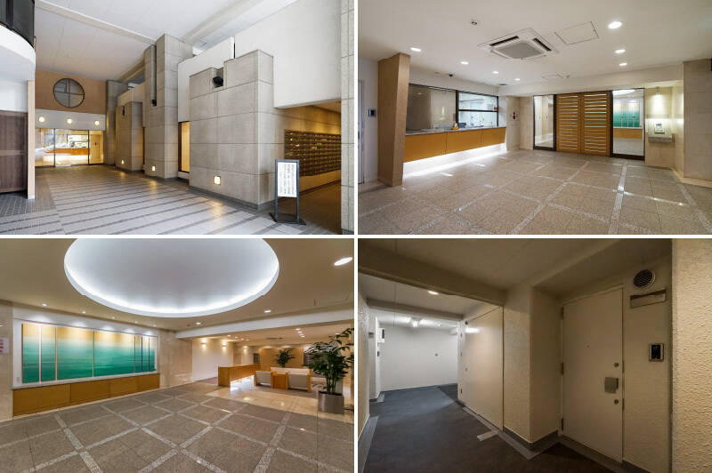 <b>左上・</b>吹き抜けのあるモダンなデザインのエントランス。こちらは建物2階に相当します。／<b>右上・</b>管理人さんは週6日のご勤務と、手厚い管理体制です。オートロックや宅配ボックスなどの設備も充実していて、快適に暮らせる要素がたくさん。／<b>左下・</b>個人的にツボだったのが、この美術館のような共用ロビー！ 毎日のテンションが微増しそうだと思いませんか♡／<b>右下・</b>共用廊下は内廊下仕様なので雨の日も安心です。