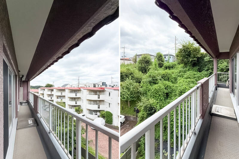 バルコニーは、南東から南西にかけてL字型に設けられています。南西側には青々とした緑が広がっていますよ。