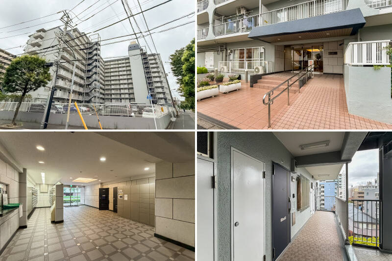 <b>左上・</b>1975年に竣工した、総戸数168戸の大規模マンション。こちらは建物の背面を捉えた姿で、堂々とした佇まいがよくわかります。／<b>右上・</b>きれいに整備されたエントランス。／<b>左下・</b>共用ロビーには宅配ボックスを設置済みです。／<b>右下・</b>ご紹介する住戸は6階に所在。玄関扉はダブルロック式の新しいものに交換済みです。