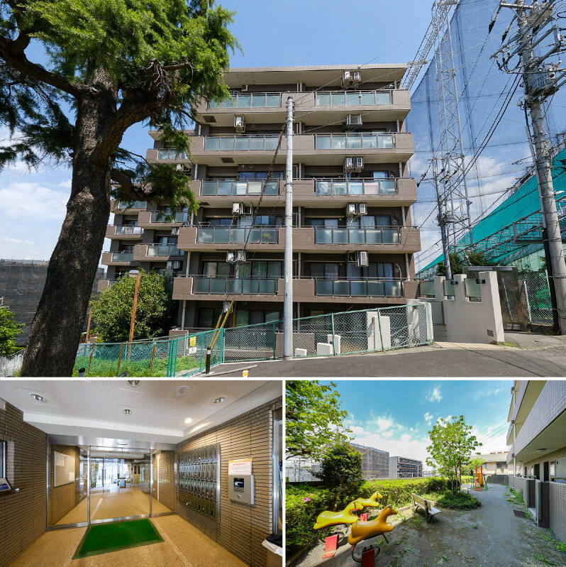 <b>上・</b>1995年竣工、総戸数40戸。傾斜地に佇む地下1階・地上7階建てのマンションです。／<b>左下・</b>エントランスにはオートロックを完備。管理人さんは、月曜日から土曜日の週6日勤務です。／<b>右下・</b>1階には、お子さまが遊べるちょっとしたプレイロットが。住戸を出てすぐ目の前にあります。