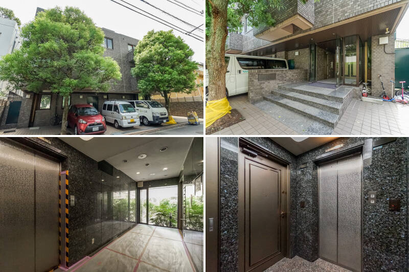 <b>左上・</b>2本の木に守られるように佇む、3階建ての低層マンション。1990年築、総戸数5戸というプライベート感あるコミュニティです。／<b>右上・</b>エントランスには少しだけ階段がありますのでご注意ください。／<b>左下・</b>ほんのり高級感の漂う石張りの共用部。レトロな木製ポストにもご注目あれ。／<b>右下・</b>2階には、ご紹介の住戸とお隣さんの2戸が並んでいます。玄関扉はダブルロック式の重厚感あるものが採用されていますよ。