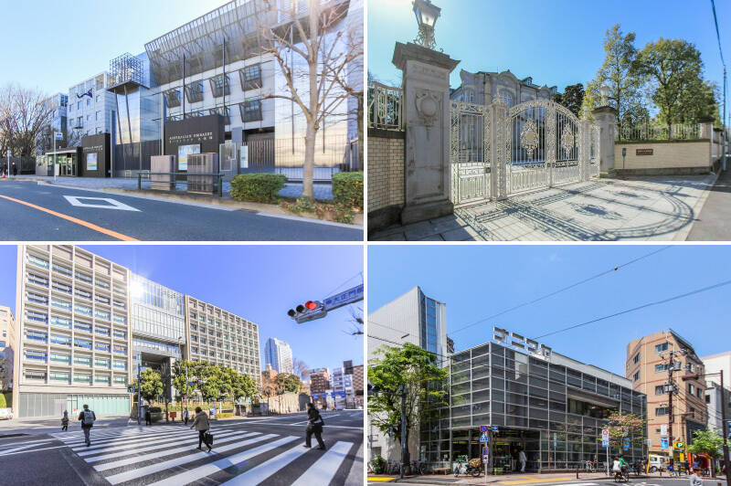 <b>左上・</b>マンションの周辺はもともとお屋敷街。今では「在日オーストラリア大使館」（徒歩7分）をはじめとする、大使館や高級マンションが建ち並ぶ閑静なエリアです。／<b>右上・</b>宮殿のような佇まいが目を惹く「綱町三井倶楽部」は、会員制の迎賓館。三井家の迎賓館として建てられた当時の品格を、今なお漂わせています。筆者は友人の結婚式で入ったことがあるのですが、優雅さの塊でした！（徒歩7分）／<b>左下・</b>三田といえば「慶應義塾大学 三田キャンパス」のお膝元（徒歩3分）。「慶應義塾女子高等学校」や「慶應義塾中等部」も隣接しているので、周辺は学生が多く活気があります。／<b>右下・</b>お買い物事情も意外と安泰です。近隣に「サミット」もありますが、せっかくなら100年以上の歴史がある、地域の老舗スーパー「ナニワヤ」を利用するのもいいですね。お惣菜のローストビーフが絶品なのだそうですよ。（徒歩12分）