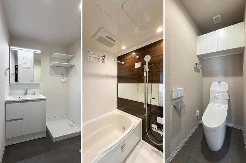 洗面室とトイレは、お手入れしやすいグレーのタイル貼り。1216サイズのユニットバスは、浴室乾燥機を完備しています。