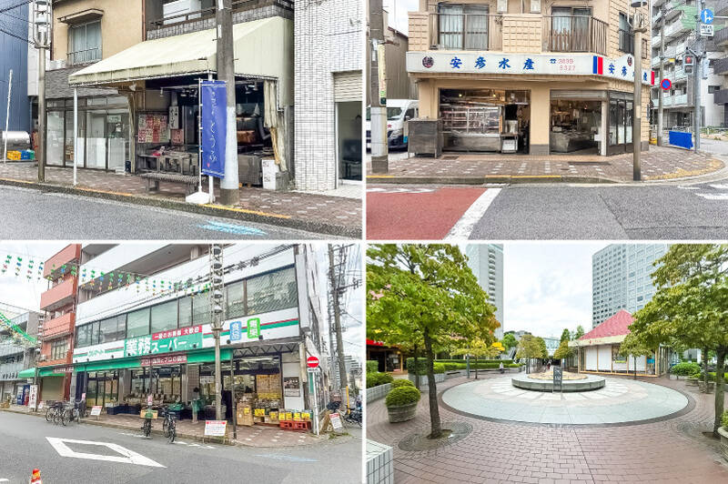 <b>左上・</b>美術館通りで東西に伸びるのは、「美術館通り石島商店会」と「扇南商店会」。その中でも「中村とうふ店」(徒歩4分)のお豆腐、厚揚げはどれもおいしい!/<b>右上・</b>同じ商店街沿いにある魚屋「安彦水産」では、スーパーではあまり見かけないような魚のお刺身が並びますよ♡(徒歩3分)/<b>左下・</b>遠くてもわざわざ行きたくなる「業務スーパー石島店」。これだけ近いのはありがたい!(徒歩4分)/<b>右下・</b>「イースト21」はホテル、チェーン店の大型スーパー、各飲食店が集まる複合商業施設。空港へのリムジンバスも出ています。(徒歩8分)