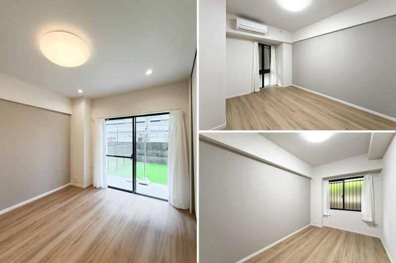約63㎡ながら、個室を3つ確保しています。そのうち2部屋には、ウォークインクローゼット(WIC)付き◎<p><br></p><p>◾️洋室A:約5.8帖/WIC付き(左)</p><p>◾️洋室B:約6帖/WIC付き(右上)</p><p>◾️洋室C:約5帖(右下)</p>