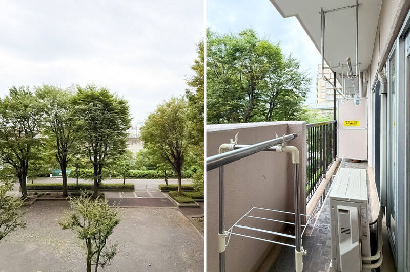 正面にはマンションの敷地内広場が。視線は気にならなさそうですね。バルコニーの奥行きはコンパクト。