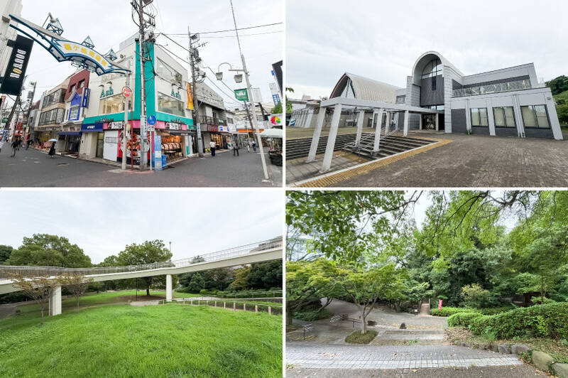 <b>左上・</b>「鶴ヶ峰商店街」。鶴ヶ峰駅から厚木街道までの道沿いに、バラエティー豊かな約120の店舗が軒を連ねます。（徒歩5分）／<b>右上・</b>「横浜市旭図書館」まで徒歩9分。／<b>下・</b>図書館の敷地からつづく、らせん状の歩道橋を歩いて「白根公園」へ。豊かな緑や滝がある、自然を全身でチャージできるスポットです。（徒歩7分）
