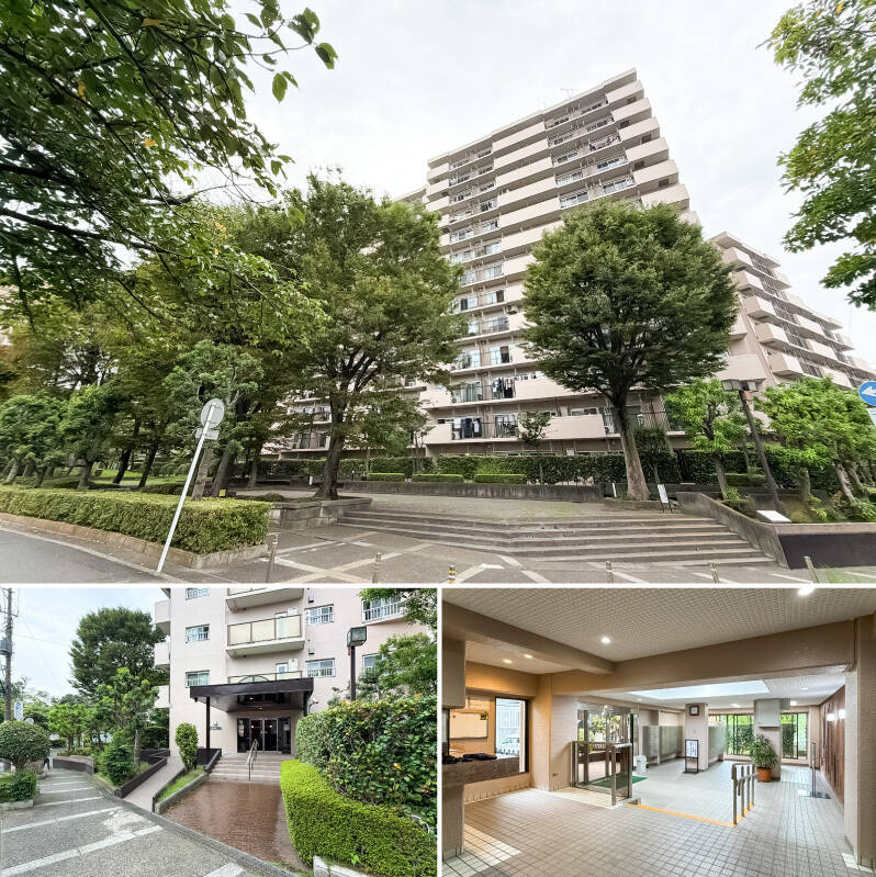 マンション敷地内にも豊かな植栽が。地上13階建て、総戸数212戸のビッグコミュニティ。共用部はきれいに保たれていて、共益費が抑えめなのもうれしいところ！<p><br></p><p>■ 竣工：1984年</p><p>■ 駐車場：立体自走式（月額8,000~10,000円）</p><p>■ 管理員：平日5日間勤務（8:00~17:00）</p>