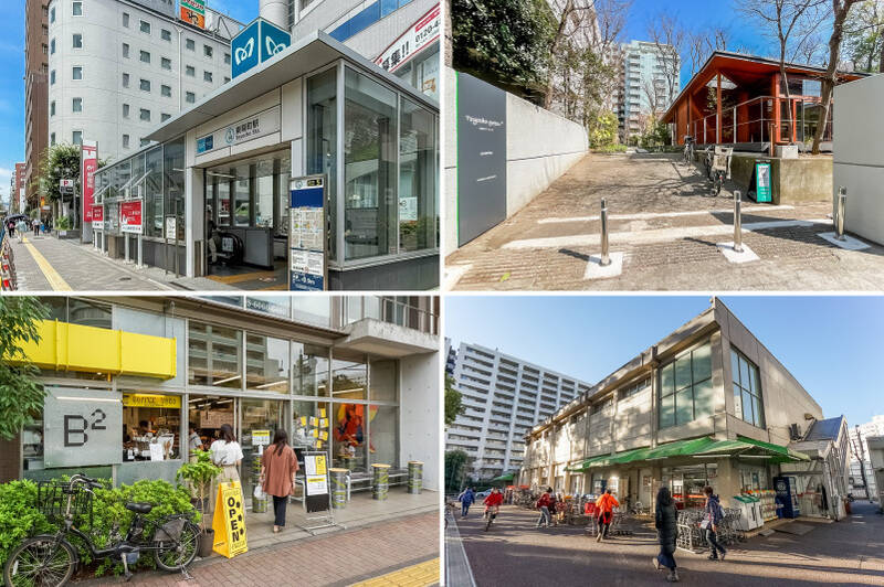 <b>左上・</b>最寄りの東京メトロ東西線「東陽町」駅までは徒歩4分。／<b>右上・</b>住まいやオフィスを手がける企業がオープンした「goodcoffee 東陽町 by goodroom」。気持ちのいいサードプレイスとして通うのもオススメです。（徒歩6分）／<b>左下・</b>清澄白河にある人気ベーカリーの2号店「B2（ビースクエアード）東陽町店」。味はもちろん、今風の内装にもソソられます。（徒歩6分）／<b>右下・</b>ディスカウントスーパー「オーケー 南砂店」。8:30から21:30まで営業しており、日々のお買い物の強い味方に。（徒歩9分）