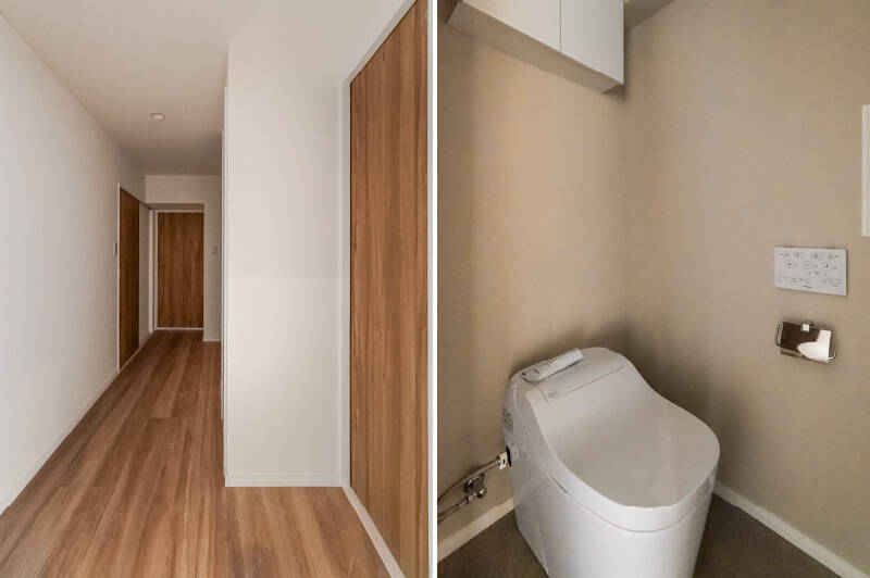 <b>左・</b>LDKを背にして、洋室Cへの扉を見たカット。間に、トイレと水まわりがあります。/<b>右・</b>タンクレスタイプの、すっきりとしたデザインのトイレ。画角に入っていませんが、手前には小さな手洗い器が備わっています。