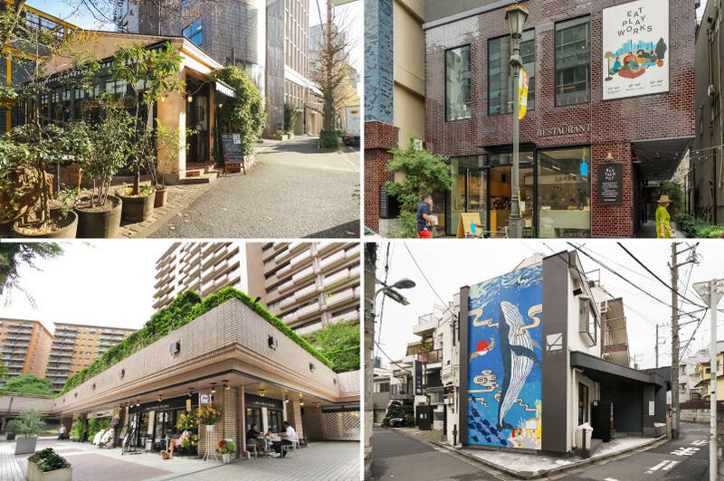 <b>左上・</b>「PAPAS CAFE 広尾店」は、古きよさを残すインテリアとアットホーム感が人気のカフェ。(徒歩4分)/<b>右上・</b>複合商業施設「EAT PLAY WORKS(イートプレイワークス)」には「ブルーボトルコーヒー」のほか、名店の味をハシゴできるフードコートのようなレストランフロア「THE RESTAURANT(ザ・レストラン)」やコワーキングスペースなどが揃っています。(徒歩17分)/<b>左下・</b>「広尾ガーデンヒルズ」の中には商業施設が。カフェやベーカリーに加え、スーパー「NATIONAL AZABU」もあります。(徒歩14分)/<b>右下・</b>クジラの壁画が目印の「改良湯」。宇宙を感じさせる内装デザインもお楽しみポイントのひとつ。(徒歩7分)