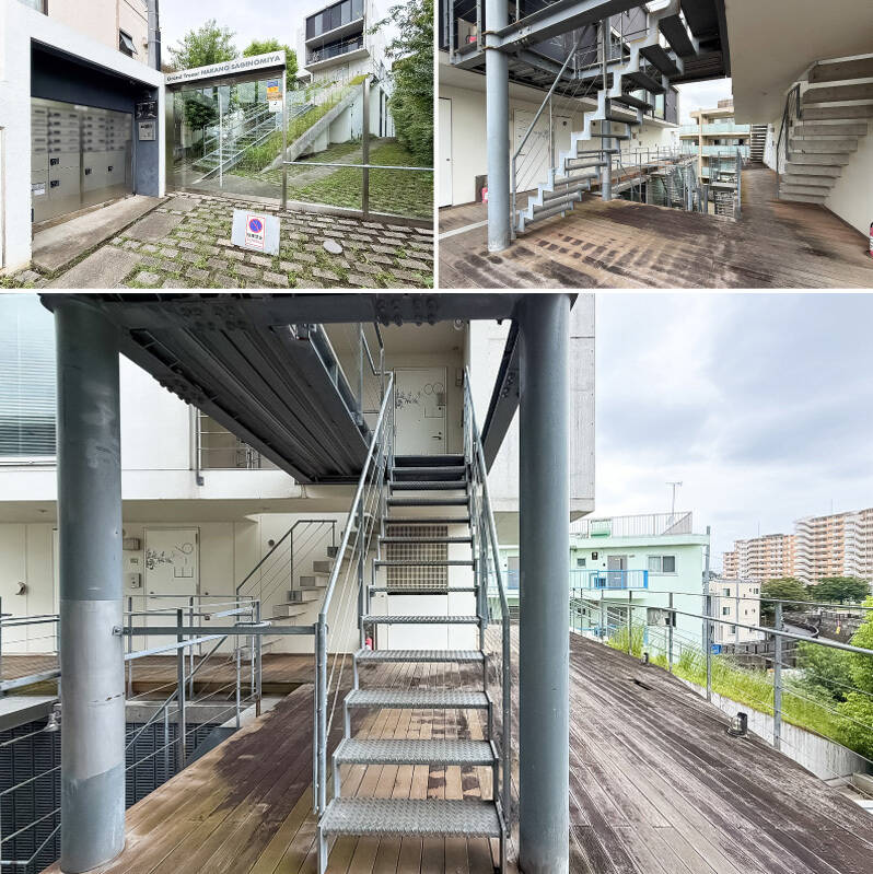 <b>左上・</b>少し後ろに下がりまして……こちらがオートロック付きのエントランス。左手には宅配ボックスが備わっています。/<b>右上・</b>共用廊下はオープンな造り。/<b>下・</b>こちらの階段を上がった、突き当たりの4階が住戸の玄関扉です。今回ご紹介するのは、4階と5階の2フロアにまたがる<b>メゾネットタイプ</b>!