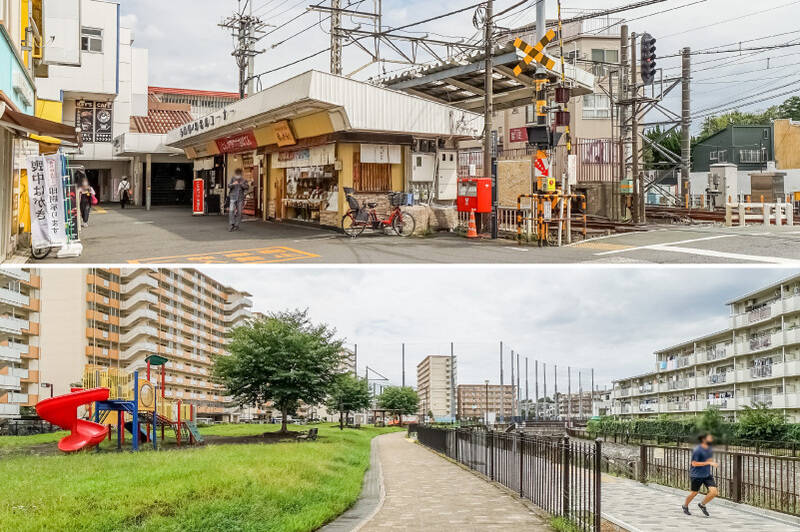 <p><b>上・</b>通勤急行、急行、準急などが停車する西武新宿線「鷺ノ宮」駅までは、徒歩9分。そこから「西武新宿」駅までは乗車時間約11分でアクセス可能!/<b>下・</b>マンション目の前には「白鷺せせらぎ公園」があり、すぐそばには妙正寺川が流れ穏やかな雰囲気。LDKの南西の大窓からもこちらの運動場が見えていましたよ。</p>