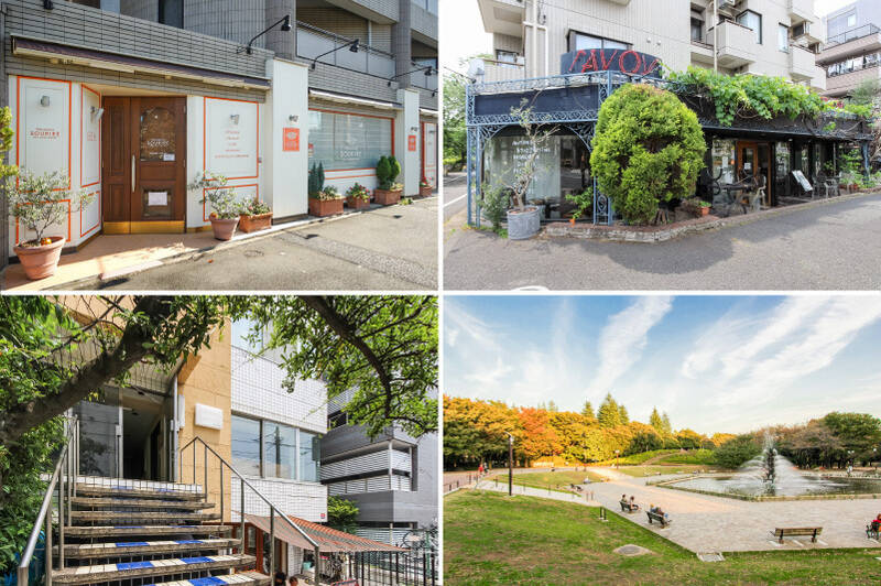 <b>左上・</b>「Patisserie SOURIRE(パティスリー・スリール)」。店内には豊富な焼き菓子やケーキが並んでいます。手土産や記念日にどうぞ。(徒歩7分)/<b>右上・</b>ピッツァの名店「SAVOY(サヴォイ)」。(徒歩5分)/<b>左下・</b>カフェ「torse(トルス)」。丁寧に淹れられたコーヒーを楽しみながら、心地いい時間を過ごせますよ。(徒歩5分)/<b>右下・</b>「世田谷公園」までは徒歩12分。ジョギングコースにいかがでしょう。