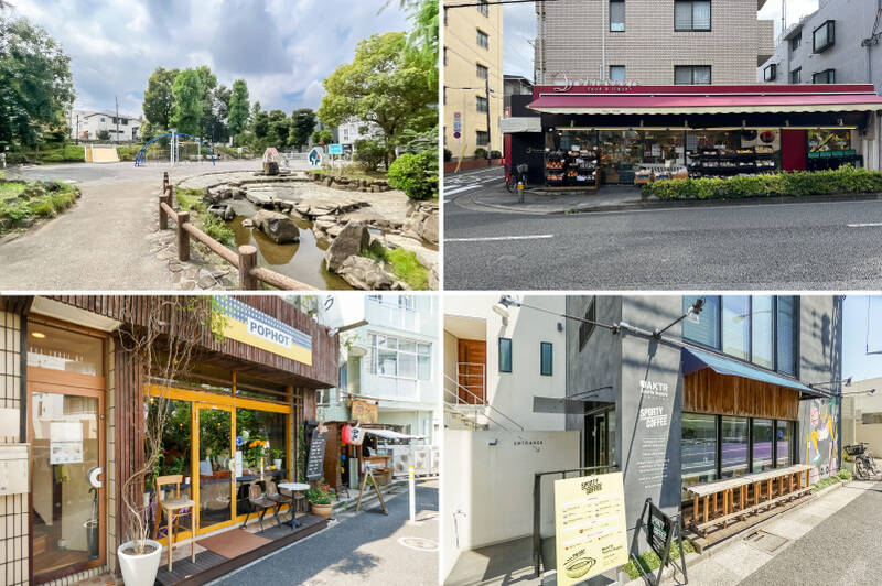 <b>左上・</b>マンションの敷地に食い込むように隣接する「鶴が久保公園」。見通しのきく、程よい広さの公園です。(徒歩1分)/<b>右上・</b>周辺にはいくつかスーパーがありますが、なかでも「信濃屋 野沢店」は、なかなか見かけない銘柄なども並ぶ、こだわり派のスーパー。(徒歩5分)/<b>左下・</b>絶品ガレットやクレープが食べられる「POPHOT(ポポット)」もぜひ行っていただきたいです。(徒歩17分)/<b>右下・</b>コーヒースタンドを併設したスポーツアパレルブランドのショップ「SPORTY COFFEE KOMAZAWA(スポーティーコーヒーコマザワ)」。ジョギングコースにもぴったりな「駒沢公園」の近くにあります。(徒歩15分)