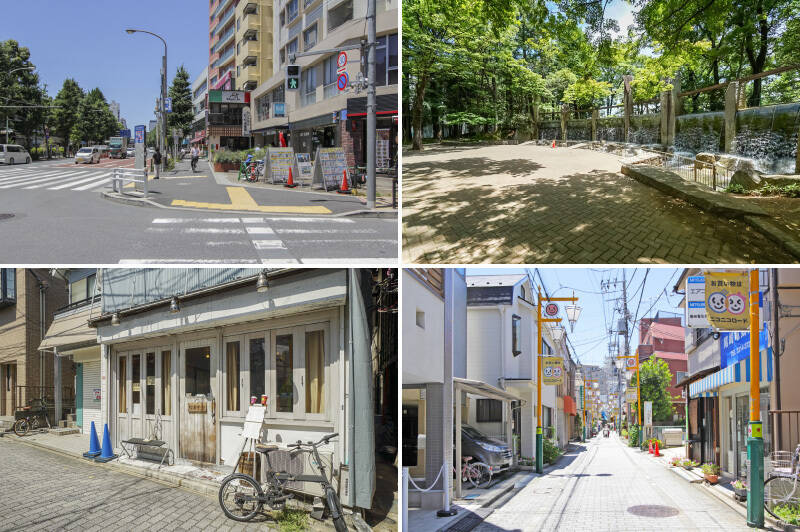 <b>左上・</b>マンションから出てすぐの横断歩道で、もう東京メトロ丸ノ内線「東高円寺」駅が視界に入ります。なんと、駅徒歩わずか1分です！／<b>右上・</b>バルコニーから見えた広大な「蚕糸の森公園」。池や滝もあり、近場で四季の移ろいを感じられるスポットです。（徒歩2分）／<b>左下・</b>コーヒー党なら、自家焙煎の「喫茶生活」にご注目あれ。ジャズと香り高いコーヒーに癒され、至福の時間を過ごせそうですよ。（徒歩2分）／<b>右下・</b>「東高円寺駅通り商店街」通称 “ニコニコロード” は、「青梅街道」から北へ伸び「大久保通り」へと続く、生活に根ざした商店街。季節のイベントなども開催されているようです。（徒歩1分）