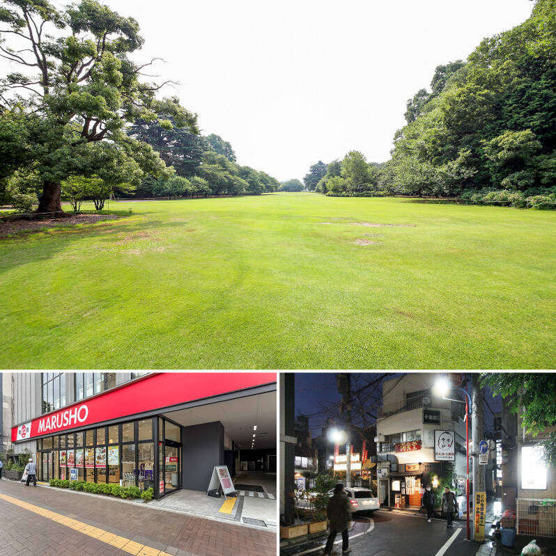 <b>上・</b>豊かな緑が広がる「新宿御苑」までは徒歩7分。都心に暮らしながら、四季折々の自然を日常として楽しめます。／<b>左下・</b>生鮮食品から日用品まで品揃え豊かな「丸正総本店」。深夜24時までの営業に加え、宅配サービスもある暮らしの心強い味方です。（徒歩9分）／<b>右下・</b>風情ある路地に小料理屋や隠れ家的な店が軒を連ねる “荒木町エリア”。仕事帰りや休日にふらりと足を運びたくなる味わい深い雰囲気が魅力です。（徒歩13分）