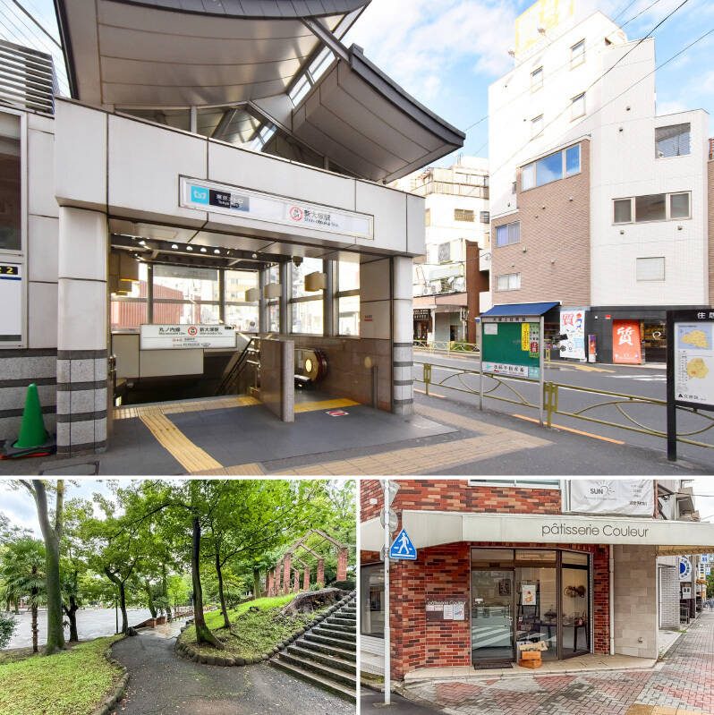 <b>上・</b>最寄りの「新大塚」駅までは徒歩3分。「池袋」駅まで乗車約3分、「東京」駅まで乗車約14分と、ビッグターミナルへスムーズにアクセスできます◎／<b>左下・</b>大噴水や彫刻がある「大塚公園」。諸説ありますが、ラジオ体操発祥の地なのだそう。（徒歩1分）／<b>右下・</b>駅のそばにある「パティスリー クルール」。記念日や手土産にどうぞ。（徒歩3分）