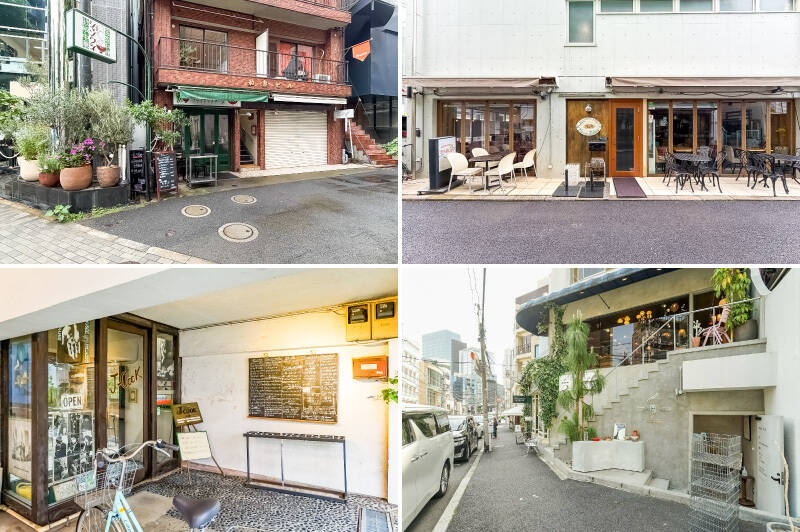 <b>左上・</b>売主さまのオススメは、香港の路地裏のような雰囲気が漂う「青山シャンウェイ フライドマスター店」。フライドチキンやカレーなど、美味しいメニューをリーズナブルに楽しめます。（徒歩3分）／<b>右下・</b>「EMILIA（エミリア）」は、ペット同伴可能なテラス席のあるイタリアンレストラン。休日のブランチにも。（徒歩5分）／<b>左下・</b>こちらは老舗カフェレストラン「J-COOK（ジェイ クック）」。ブランデーを垂らしたプリンが名物です。（徒歩3分）／<b>右下・</b>「bob's box（ボブズ ボックス）」には、世界中から集められたヴィンテージ＆デザイナーズの家具や雑貨がズラリ。こちらの物件に似合うインテリアを探してみては。（徒歩3分）
