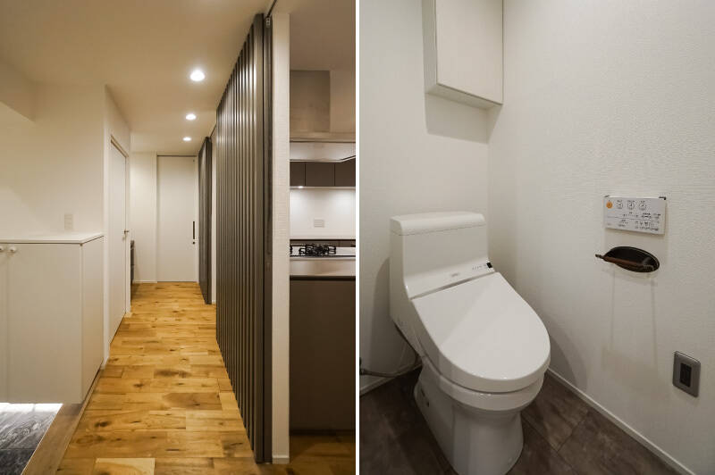 <b>左・</b>こちらは格子戸を開けた状態で、洋室Bとトイレ方向を見たカット。洗面化粧台とは別に、トイレの横にもうひとつの手洗い台が備わっている贅沢なつくりです。／<b>右・</b>ホワイトでまとめられたシンプルなトイレ。
