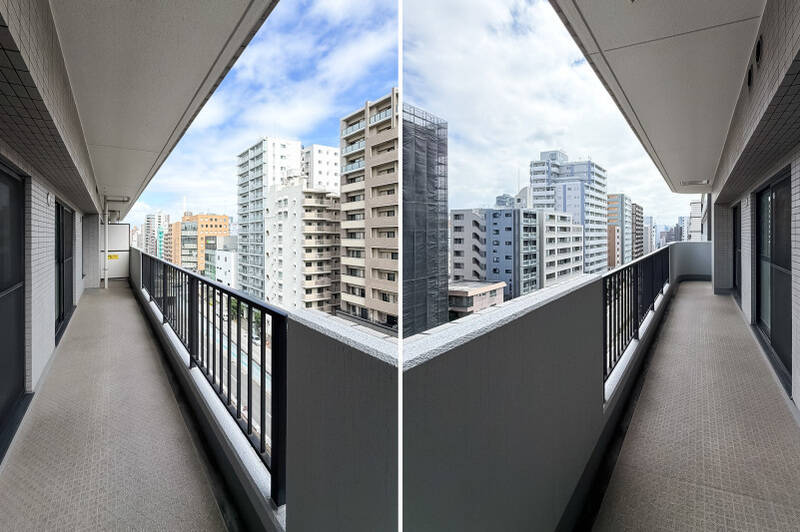 バルコニーはLDKを覆うL字型。写真は山手通りに面する北東側です。写真右の奥に続く南東側には物干し金具が備わっています。