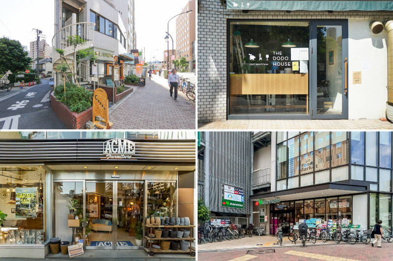 <b>左上・</b>目黒通り沿いにあるカレーの名店「LAND(ランド)」。たくさんのスパイスがバランスよく調合された絶品のひと皿をぜひ。(徒歩3分)/<b>右上・</b>クラフトビールを週替わりで楽しめる「Craft Beer&Wine THE DODO HOUSE(ドードーハウス)」。仕事帰りにはカウンター席で、タップから注がれる黄金色のビールに癒されて。(徒歩4分)/<b>左下・</b>アメリカンヴィンテージ好きの方にはインテリアショップ「ACME FURNITURE(アクメファニチャー)」がおすすめ。“インテリアストリート” とも呼ばれる目黒通りでは、家具選びもはかどります。(徒歩2分)/<b>右下・</b>大鳥神社交差点にある「マルエツ 目黒店」は、なんと24時間営業。料理好きの強い味方です。(徒歩2分)