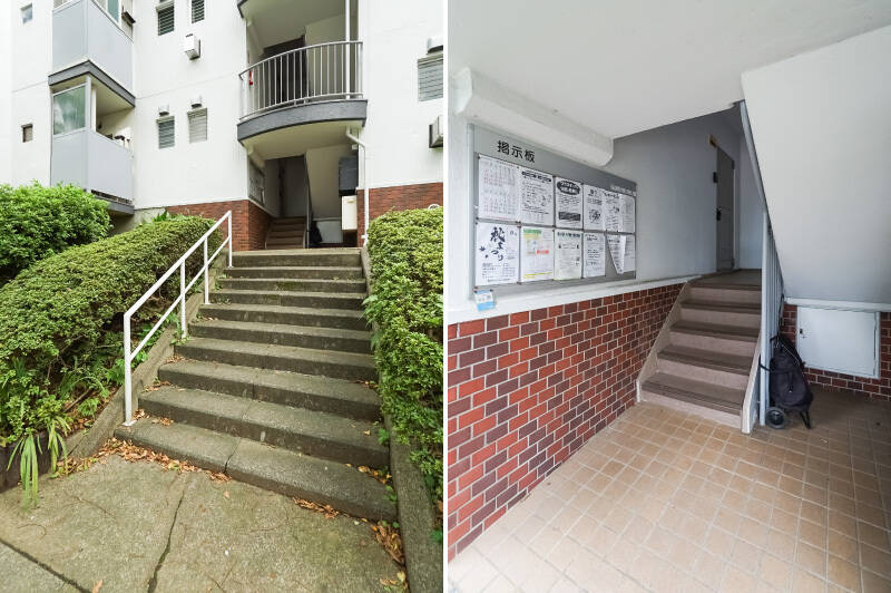 <b>左・</b>建物に共用ロビーなどはなく、ブロックごとに階段が設置されている造りです。／<b>右・</b>ご紹介の住戸は1階に所在していますが、玄関前にはさらに数段の階段がありますので、その点はご留意ください。