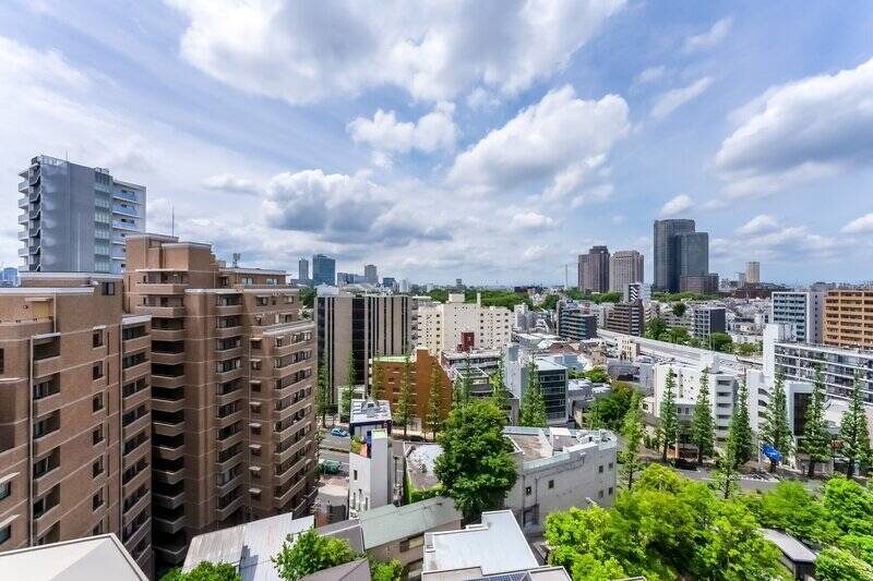 住戸位置は、最上階である10階の角。周辺には、こちらと同じ目線ほどの高さの建物がありますが、視線が奥まで抜ける部分もあり、空を広く感じられる眺めです。