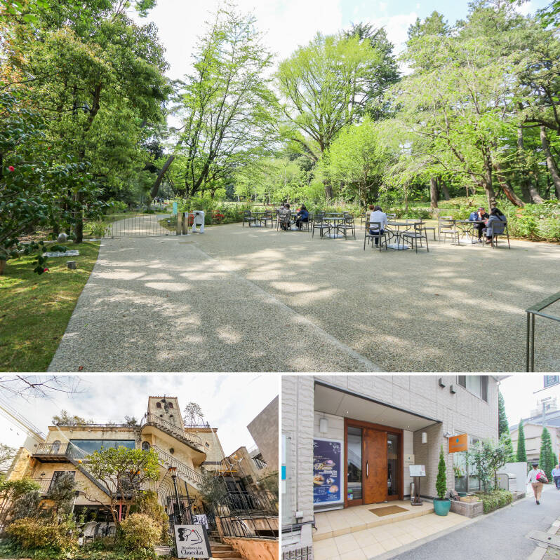 <b>上・</b>緑豊かな「東京都庭園美術館」。和の情緒に溢れる日本庭園や美しく整備された西洋庭園が併設されていて、心穏やかなひとときを過ごせます。（徒歩13分）／<b>左下</b>・豪華なシャンデリアや本格的な設えの中でイタリアンを味わえる「Cafe La Bohème Shirogane（カフェ ラ ボエム）」。（徒歩6分）／<b>右下・</b>本場フランスで修行を積んだシェフによる本格フレンチがいただける「Artichaut（アーティショー）」。静かで優雅な食事を楽しめます。（徒歩12分）
