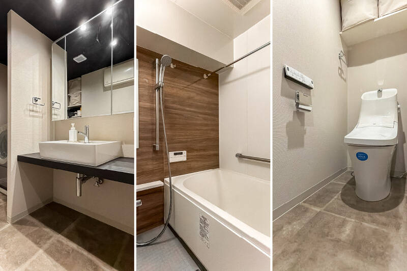 モノトーンカラーを基調とした洗面脱衣室やトイレに、統一性を感じます。ユニットバスは1216サイズで、浴室乾燥機付きです。