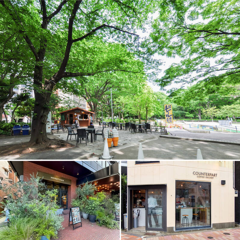 <b>上・</b>売主さまがよく行かれるという「新宿中央公園」。ワンちゃんの散歩をしたり、カフェやレストランで食事をとったりと休日のリフレッシュにぴったりの憩いの場です。（徒歩4分）／<b>左下・</b>朝8時から営業している「MORETHAN BAKERY（モアザン ベーカリー）」。バラエティ豊かなパンが楽しめますよ。（徒歩2分）／<b>右下・</b>徒歩9分の場所に位置する「COUNTERPART COFFEE GALLERY（カウンターパート コーヒー ギャラリー）」。プロのバリスタが一杯ずつ丁寧に淹れるコーヒーがいただけます。