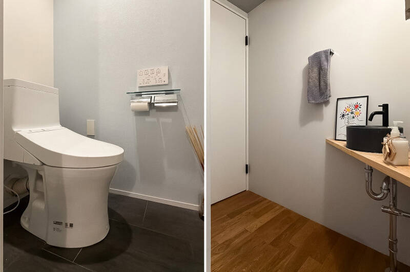 <b>左・</b>トイレは廊下から直接アクセスできます。／<b>右・</b>冒頭にご紹介した手洗いカウンターは、トイレを出てすぐの場所にあります。