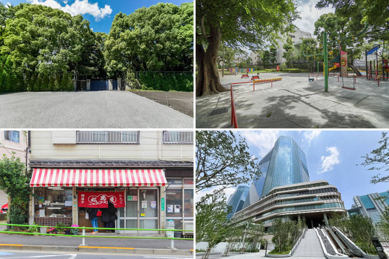 <b>左上・</b>先ほどご紹介した、マンションの目の前に位置する「高輪皇族邸」。かつて高松宮邸として親しまれた皇室ゆかりの歴史ある邸宅です。(徒歩2分)/<b>右上・</b>複数の遊具が設置されている「高松くすのき公園」。春には桜、秋には紅葉や金木犀など、四季折々の自然を堪能できます。(徒歩3分)/<b>左下・</b>徒歩2分の場所には、大正7年創業の歴史を誇る老舗和菓子店「松島屋」が。看板商品の豆大福は、多くの方に長く愛され続けています。/<b>右下・</b>「TAKANAWA GATEWAY CITY」へも、徒歩11分でサッと足を延ばせます。ショッピングやテラスでのリフレッシュなど、休日の過ごし方の選択肢がぐっと広がるロケーションです。