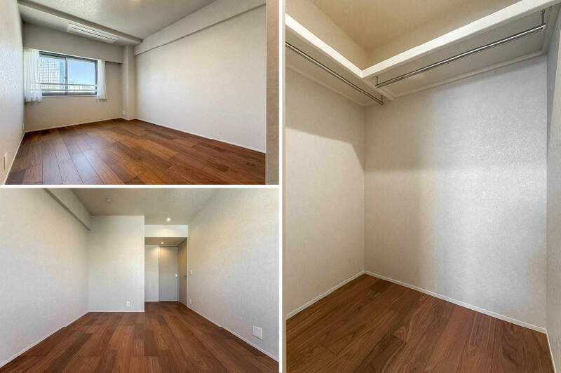 <b>左・</b>北西側に腰窓が設けられた洋室B。こちらもゆとりあるサイズ感です。/<b>右・</b>L字型にハンガーパイプと枕棚が設置されたWICが備わっています。