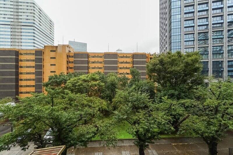 南向きのバルコニーへ出てみました。現在地はマンション4階。ちょうど眼下に桜並木が見えて、視界の上方には “抜け” も感じられます。都心(tokyo千代田区ど真ん中)でこの眺めはラッキーかも。大通りとは逆向きなので、車の音も特に気になりませんでしたよ。
