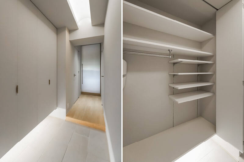 <b>左・</b>玄関からLDKを見たカット。短い廊下の左右に、水まわりとトイレがあります。/<b>右・</b>玄関の靴収納もかなりビッグサイズです! さらに、ご内見時にはその扉部分にぜひご注目を。