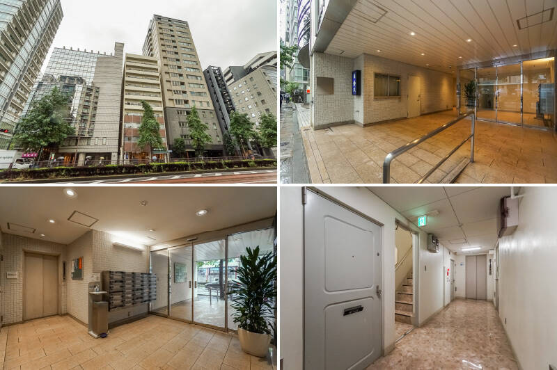 <b>左上・</b>真ん中の茶色&ベージュの建物がご紹介のマンション。「麹町大通り」沿いに佇む、1971年築・総戸数26戸のマンションです。/<b>右上・</b>1階にはお弁当屋さんとお鮨屋さんが入居しています。お鮨屋さんはランチタイムで賑わっていました!/<b>左下・</b>事務所として利用されている住戸も多いよう。管理人さんはいらっしゃらず、共用部は雑居ビル風の印象です。/<b>右下・</b>4階の共用廊下はこんな感じ。清潔感はありますが、住戸内のイメージとはちょっと離れていますので心の準備を。