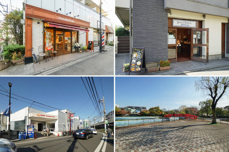 <b>左上・</b>「妙蓮寺商店街」にある、名店と名高いベーカリー「boulangerie（ブーランジェリー）14区」。（徒歩7分）／<b>右上・</b>その向かいにあるのが「Duca di Camastra（デューカディカマストラ）妙蓮寺店」。意外にもパン激戦区でもあるのです。（徒歩7分）／<b>左下・</b>徒歩圏内に「オーケー 妙蓮寺店」があるので、日々のお買い物事情はこれにてOK。（徒歩8分）／<b>右下・</b>自然に触れたいときは、水鳥が遊ぶ広大な池のある「菊名池公園」へ。夏季はプールもオープンします。（徒歩9分）