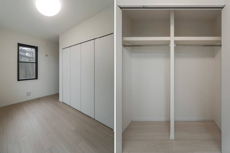 <b>左・</b>反対側からのカット。／<b>右・</b>収納は、奥行きの深いクローゼットがひとつ備わっています。たっぷり入りそうでGOODです。