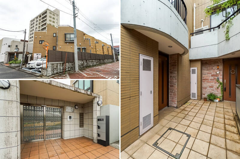 <b>左上・</b>外からマンション外観を見たカット。採光面をたくさん取れるよう、ジグザグ形状になっているのがわかりますね。／<b>左下・</b>オートロック完備のエントランス。抜かりなく宅配ボックスも備わっています。／<b>右・</b>左手がご紹介の住戸の玄関扉です。