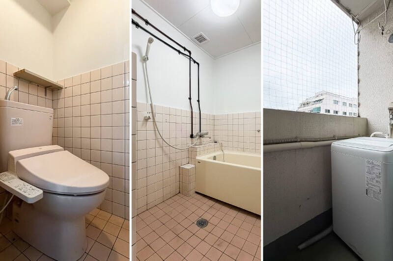 トイレと浴室は未改装のため、使用感があります。洗濯機置き場はバルコニーに設置。