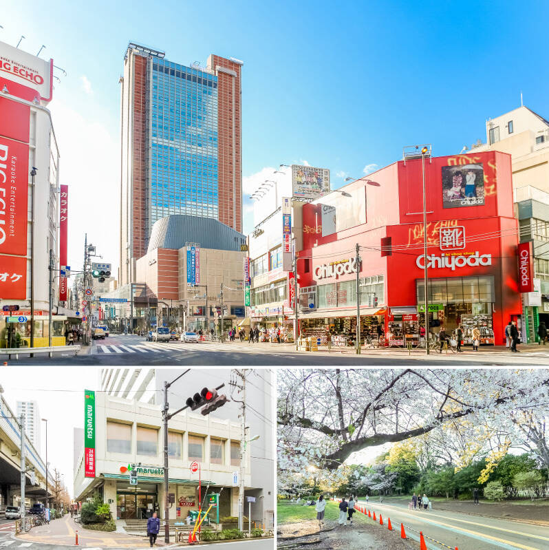 <b>上・</b>今回ご紹介する物件の最寄り駅は、東急田園都市線・世田谷線「三軒茶屋」。駅周辺には生活に便利なスーパーや商店街、そしておしゃれなカフェから居酒屋まで、多種多様なお店が所狭しと建ち並んでいます。（徒歩10分）／<b>左下・</b>マンションから徒歩5分の場所にある「マルエツ 中里店」。24時間営業なので、時間を選ばずに利用できる心強い存在です。／<b>右下・</b>休日は、足を延ばして「駒沢オリンピック公園」まで。緑の中を歩いたり、ベンチでひと休みしたりと、リフレッシュにぴったりの場所です。自転車なら、約7分でアクセスできますよ！