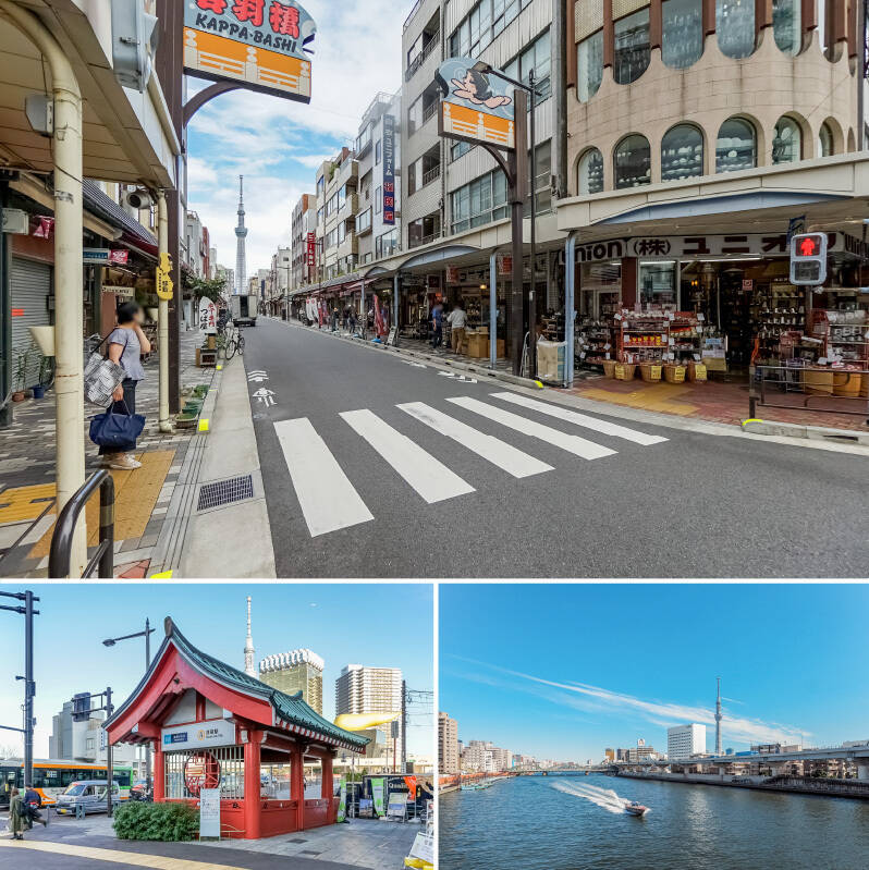 <p><b>上・</b>最寄りは、都心の人気エリアを横断する東京メトロ銀座線の「田原町」駅で、なんと<b>徒歩1分</b>の距離！ 調理道具が並ぶ「かっぱ橋道具街」（徒歩4分）は有名ですよね。／<b>左下・</b>そしてあの東京メトロ銀座線ほか「浅草」駅までも徒歩8分……！／<b>右下・</b>「蔵前」方面から望む「隅田川」と「スカイツリー」！ 川沿いのお散歩も気持ちよさそうです。都営大江戸線・浅草線「蔵前」駅も徒歩9分で到着。</p>