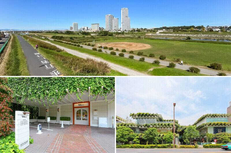 <b>上・</b>多摩川の河川敷まで足を伸ばすと、ランニングや散歩を楽しむ人の姿が。こんな穏やかな風景が身近にあるの、やっぱりいいですよね!(徒歩11分)/<b>左下・</b>LA発のセレクトショップ「RonHerman(ロンハーマン)二子玉川」。お店に入る前から漂う、おしゃれな雰囲気にワクワクします♡(徒歩7分)/<b>右下・</b>緑に覆われた外観が目印、「玉川高島屋S・C」の別館「マロニエコート」。気になるショップをのぞきながら、ぶらぶら歩くのも楽しそうです!(徒歩6分)