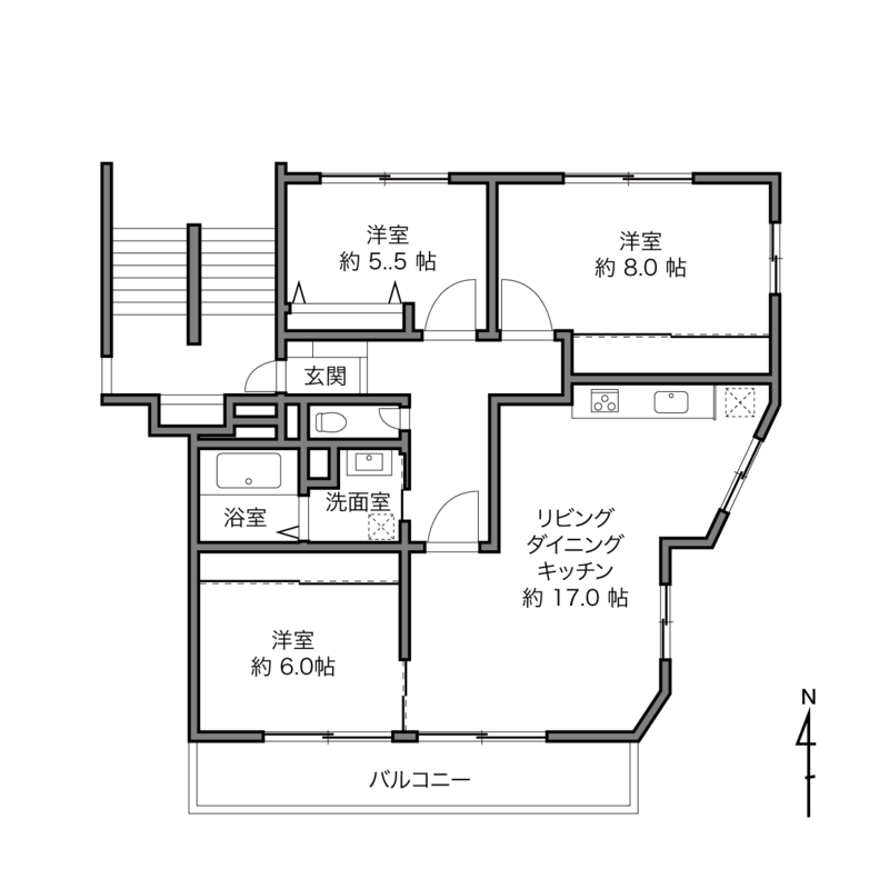 こちらは未改装物件。専有面積約80㎡、南向きのバルコニーを擁する<b>三方角住戸</b>です! この条件なら、どんな住まいにしようか想像が膨らみますね。間取り図を眺めながら、ご自身の理想の暮らしを思い描いてみてください。