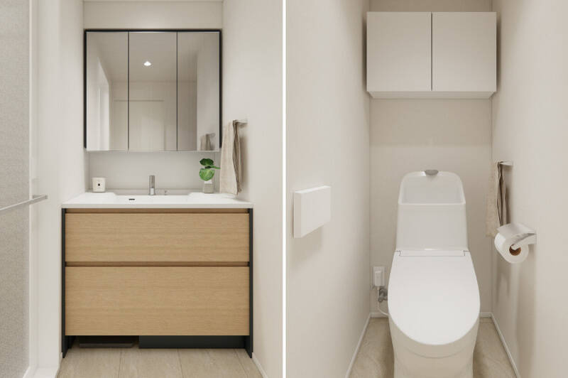 洗面脱衣室やトイレはシンプルな設えに。画像のご用意はございませんが、ユニットバスは1316サイズで浴室乾燥機付きです。