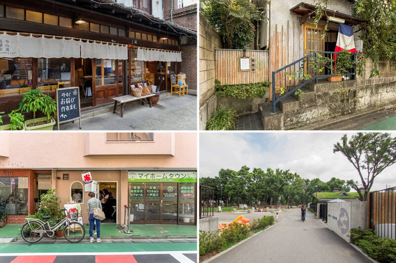 <b>左上・</b>築100年の旧米屋商家をリノベーションした「板五米店（いたごこめてん）」。風情ある雰囲気の中で、おにぎりやわっぱ飯を味わえます。（徒歩10分）／<b>右上・</b>物件すぐの場所にあるワインバー「ル ドゥージェーム チドリ」。（徒歩1分）／<b>左下・</b>「グラース氷川」は、有田焼の器で提供されるかき氷屋さん。（徒歩2分）／<b>右下・</b>「東板橋公園」内にある「板橋こども動物園」では、ポニーの乗馬やモルモットとの触れ合い、ヤギへの餌やり体験などができます。そして、なんとすべて無料です！（徒歩10分）
